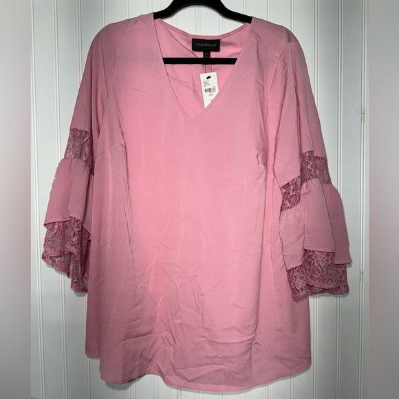 Lane Bryant Tops - Lane Bryant Blouse sz 14/16 pink with lace bell sleeves
